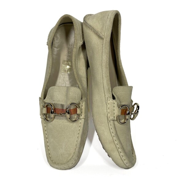 Ladies GUCCI Driving Loafers 38/8B Horsebit Off-white Suede Leather Flat Shoes - Picture 1 of 14